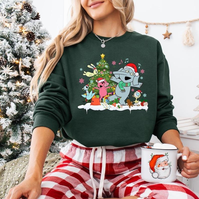 Merry Christmas Elephant And Piggie Sweatshirt, Children's Books Christmas T-shirt, Mo Willem Xmas Gifts, Teacher...