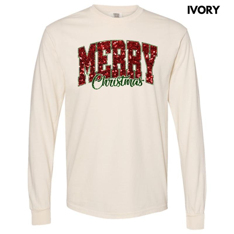 Merry Christmas FAKE Glitter Long Sleeve Comfort Colors T-Shirt 'NLB' Hoodie Sweatshirt | PrintMintTees.com