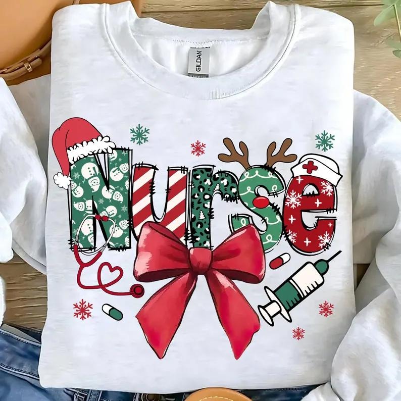 Merry Christmas Nurse Sweatshirt, Retro Nurse T-Shirt, Coquette Nurse Christmas Shirt, School Nurse Gift, Cute Christmas...