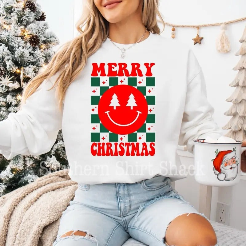 Merry Christmas Smiley Checkered Sweatshirt | Christmas Sweatshirt Shirt Hoodie | PrintMintTees.com