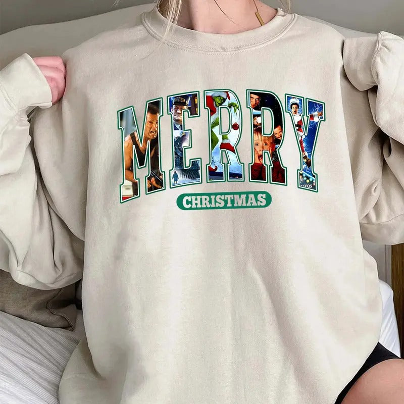 Merry Christmas Sweatshirt, Christmas Movies Sweatshirt, Trending Xmas Shirt, Xmas Graphic Tee Hoodie | PrintMintTees.com