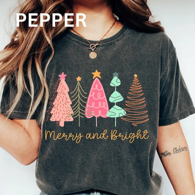 Merry Christmas Tree Shirt, Merry and Bright Christmas Shirt, Christmas T-shirt (COMFORT COLORS T-SHIRT, CASUAL SHIRT...