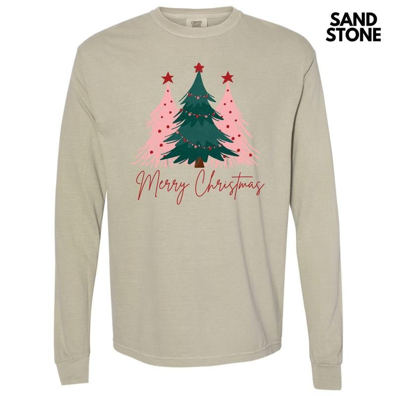Merry Christmas Tree Trio Long Sleeve Comfort Colors T-Shirt 'NLB' Hoodie Sweatshirt | PrintMintTees.com