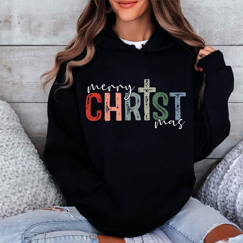 Merry Christmas, Christmas Jesus Graphic Hoodie Fleece Fabric Casual Hooded Sweatshirt Trendy Tops Perfect Gift Shirt