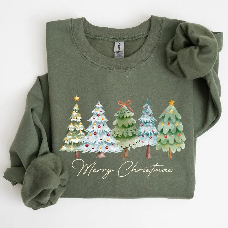 Merry Christmas, Tree, Colorful, Winter, Santa Sweatshirt, Crew Neck, Women's, Crewneck Shirt Hoodie | PrintMintTees.com