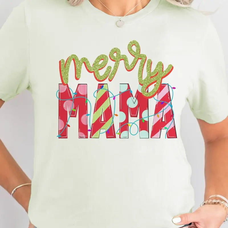 Merry Mama Tees Christmas Merry Mama Sweatshirt Mom Merry Christmas Tshirt Ladies Merry Top Polkadot Mama Holiday Top...
