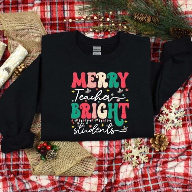 Merry Teacher Bright Student Sweatshirt and T-Shirt, Christmas Teacher Shirt, Cute Christmas School Top, Holiday Teacher...