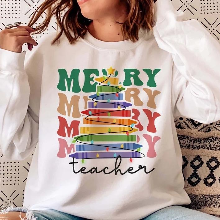 Merry Teacher Christmas Sweatshirt and T-Shirt, Cute Teacher Xmas Sweater Top, Funny Teacher Holiday Shirt, Festive...