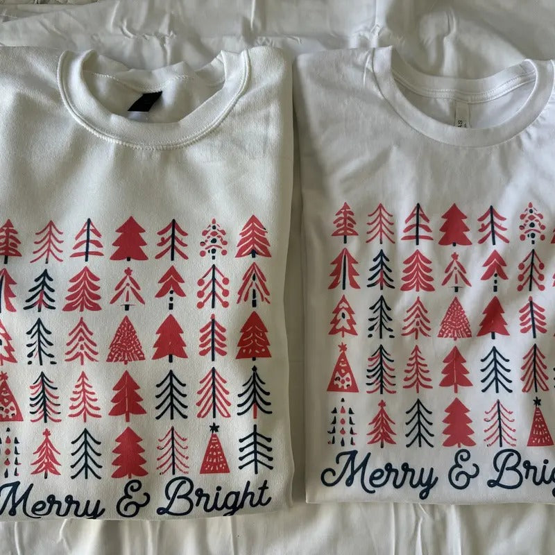 Merry and Bright Christmas Tree Sweatshirt or T Shirt Comfy Christmas Shirt Hoodie | PrintMintTees.com