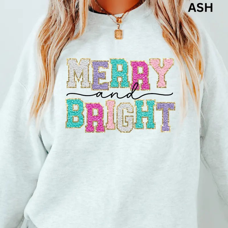 Merry and Bright FAUX Christmas Winter Graphic Long Sleeve Casual Cotton Polyester Oversized sweatshirt