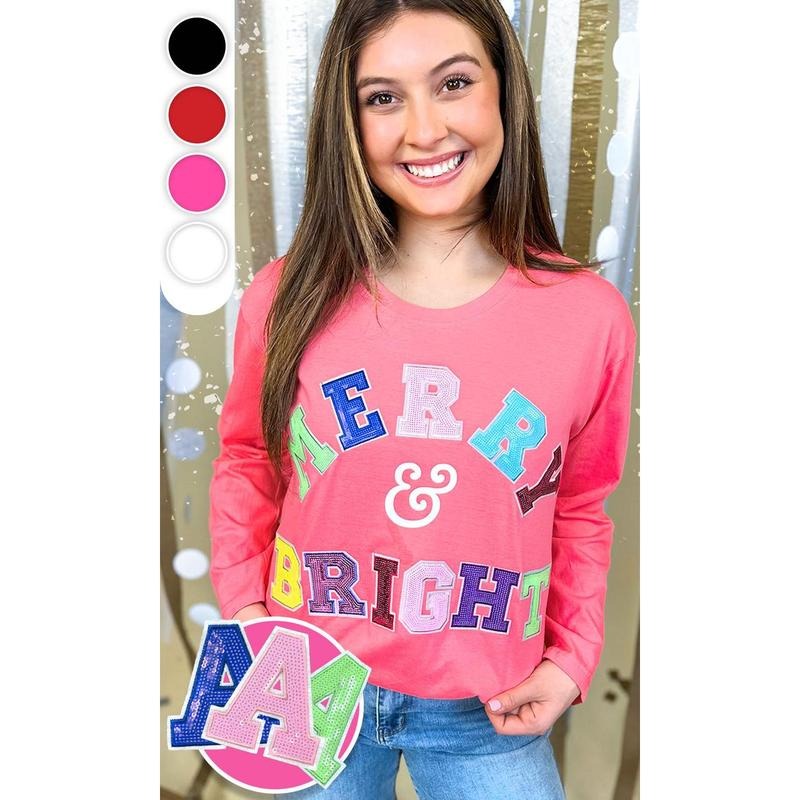 Merry and Bright Sequin Graphic Long Sleeve T-Shirt Hoodie Sweatshirt | PrintMintTees.com