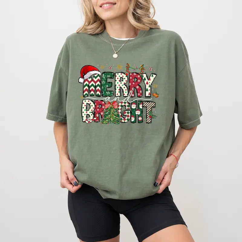 Merry and Bright Shirt Comfort Colors, Cute Christmas Tees for Women, Merry Christmas Tshirt for Girls, Santa T-shirt,...