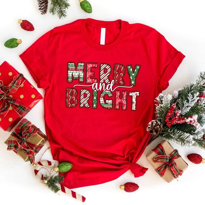 Merry and Bright T-shirt, Christmas Tee, Christmas Gift, Cute Xmas Shirt, Holiday Tshirt, Merry Christmas Family, Happy...