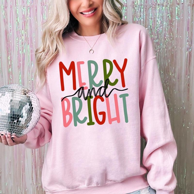 Merry and Bright, Colorful Christmas, Winter, Santa, Xmas Sweatshirt, Women's Crew Neck, Crewneck Shirt Hoodie