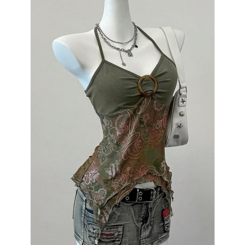 Mesh Halter Crop Tops Y2K Sleeveless Asymmetrical Retro Printed Camisole Top Shirts Hoodie Sweatshirt | PrintMintTees.com