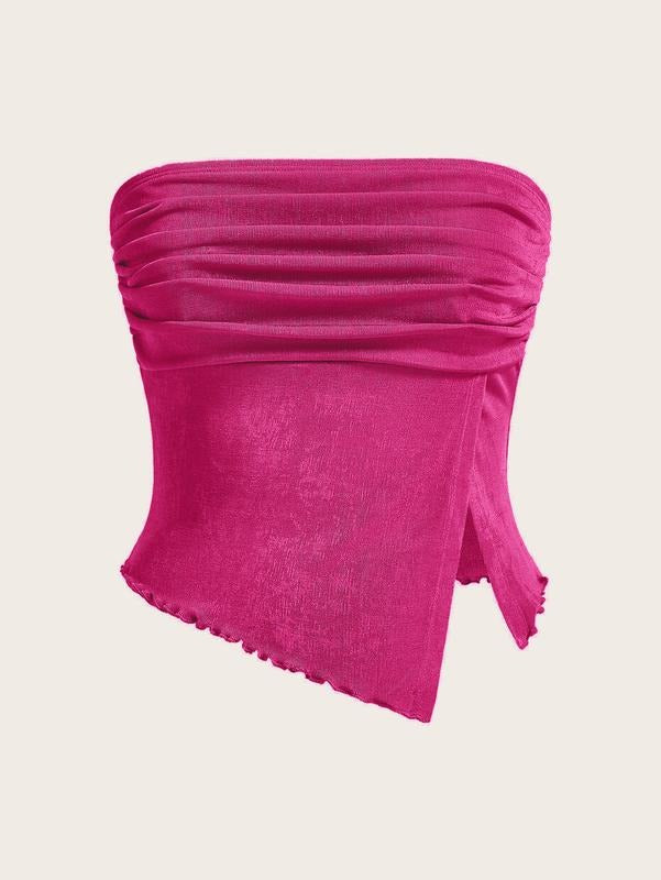 Mesh Tube Tops Split Hem Going Out Strapless Bandeau Tops Ruched Tank Shirts Hoodie Sweatshirt | PrintMintTees.com