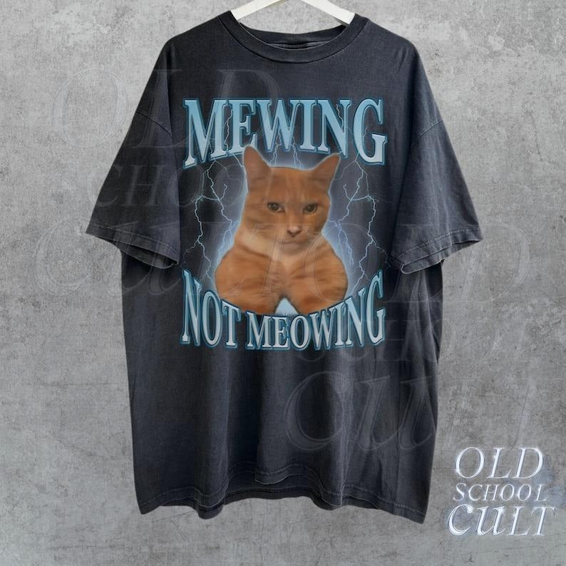 Mewing Not Meowing Funny Vintage Shirt, Retro Mewing 90s Bootleg Shirt, Meme Tee, Relaxed Unisex Cotton Tshirt Hoodie...