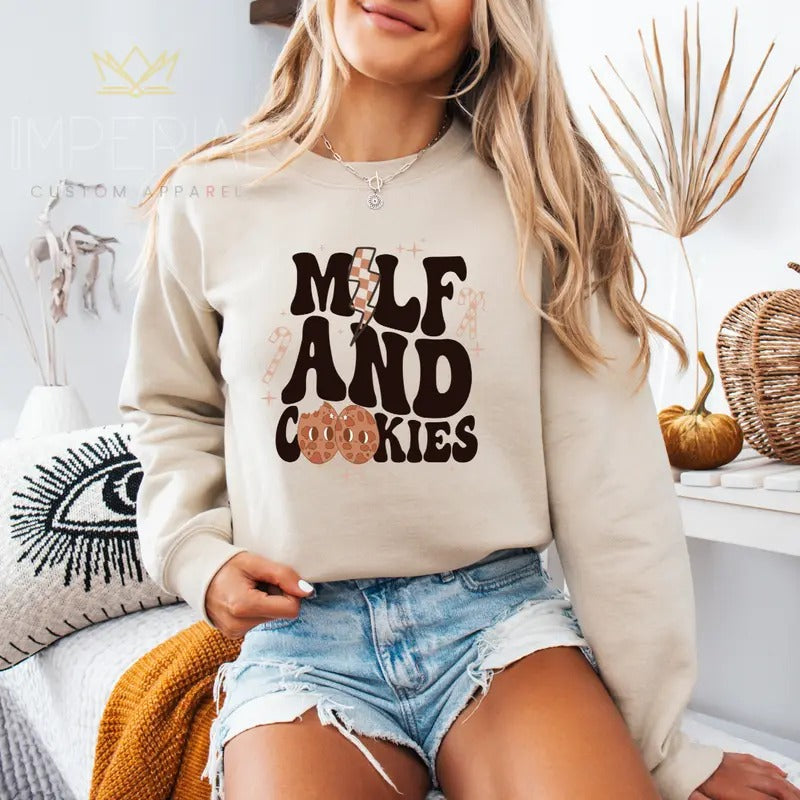 Milf and Cookies Christmas Sweatshirt, Mama Christmas Shirt , Christmas Vibes Tee, Christmas T-shirt, Cute Christmas...