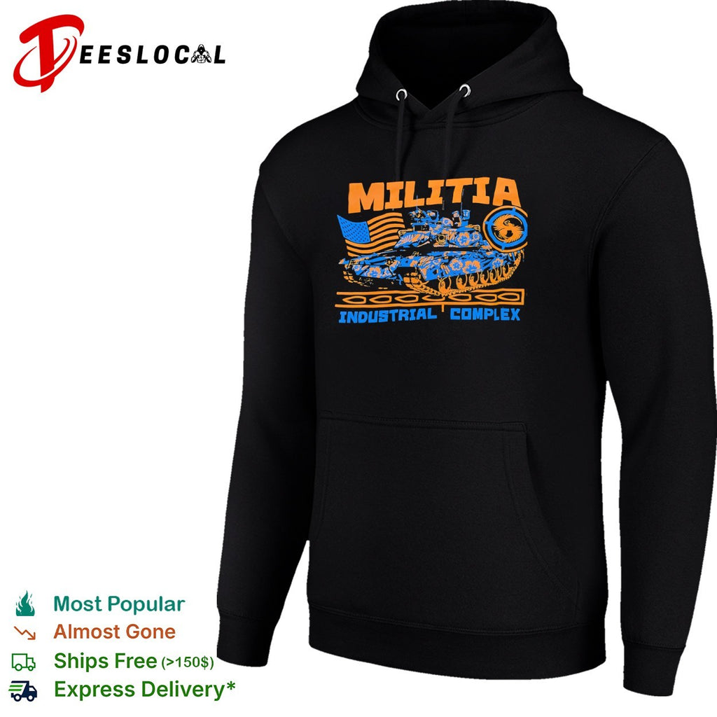Militia Industrial Complex military tank American flag shirt