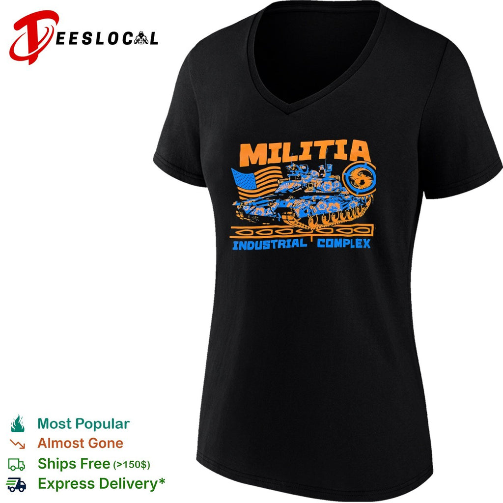 Militia Industrial Complex military tank American flag shirt