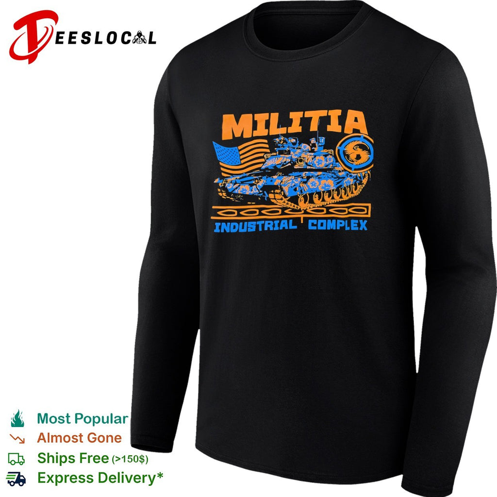 Militia Industrial Complex military tank American flag shirt