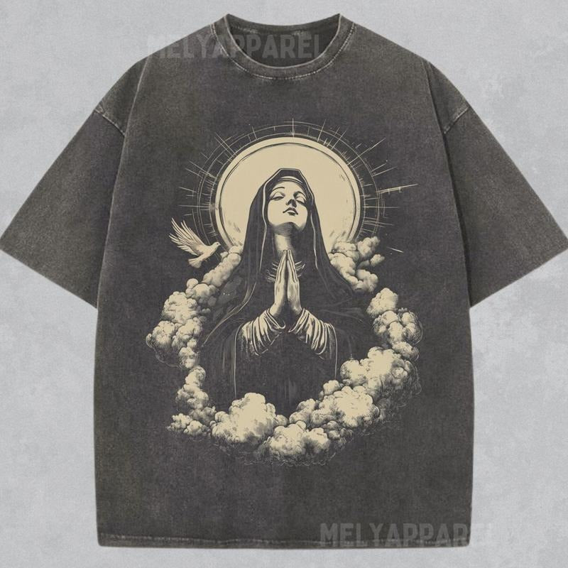 [ Mineral Wash ] Christian Shirt Virgin Mary Graphic Tshirt Faith Unisex Tee Christmas Or Easter Washed Gift Holy Spirit...