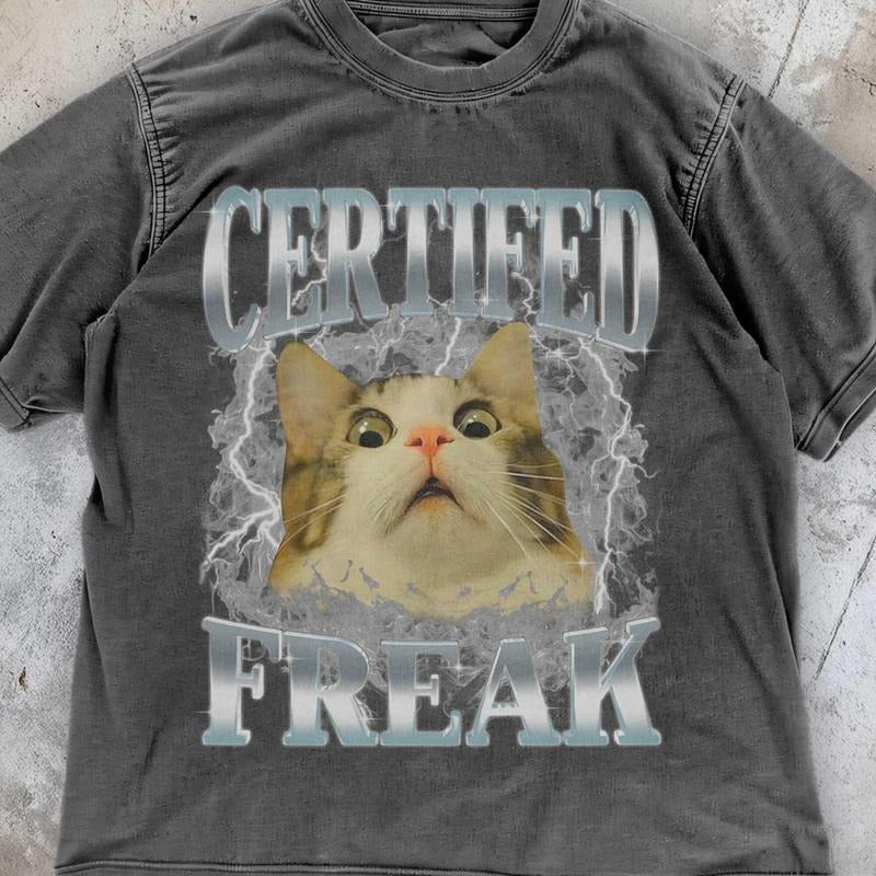 [ Mineral Wash ] Cursed Certified Freak Cat TShirt , Funny Meme Graphic Shirt , Goofy Sarcastic Kitten Shirt , Weirdcore...