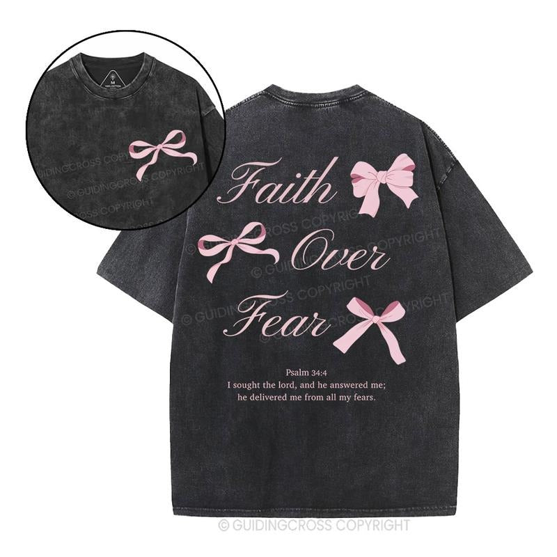 [ Mineral Wash ] Faith Over Fear Bow Coquette Christian Washed TShirt Jesus Graphic Washed Style Shirt Hoodie Sweatshirt