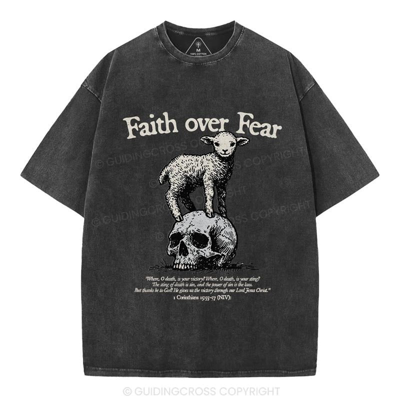 [ Mineral Wash ] Faith Over Fear Lamb Christian Washed TShirt Jesus Graphic Washed Style Shirt Hoodie Sweatshirt