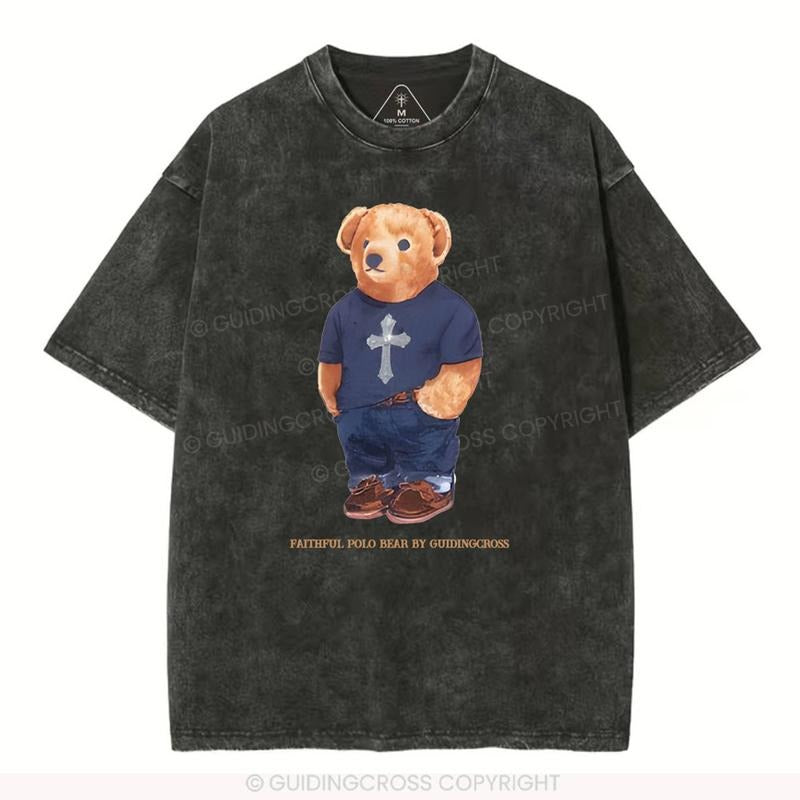 [ Mineral Wash ] Faithful Polo Bear By Guidingcross Christian Washed Shirt Jesus Graphic Washed Style Shirt Hoodie Sweatshirt