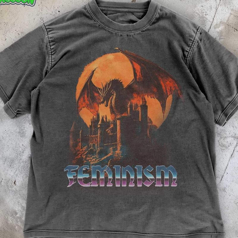 [ Mineral Wash ] Feminism Dragon Graphic TShirt Gothic Fantasy Dragon Castle Tee Feminist Dark Fantasy Washed Vintage...