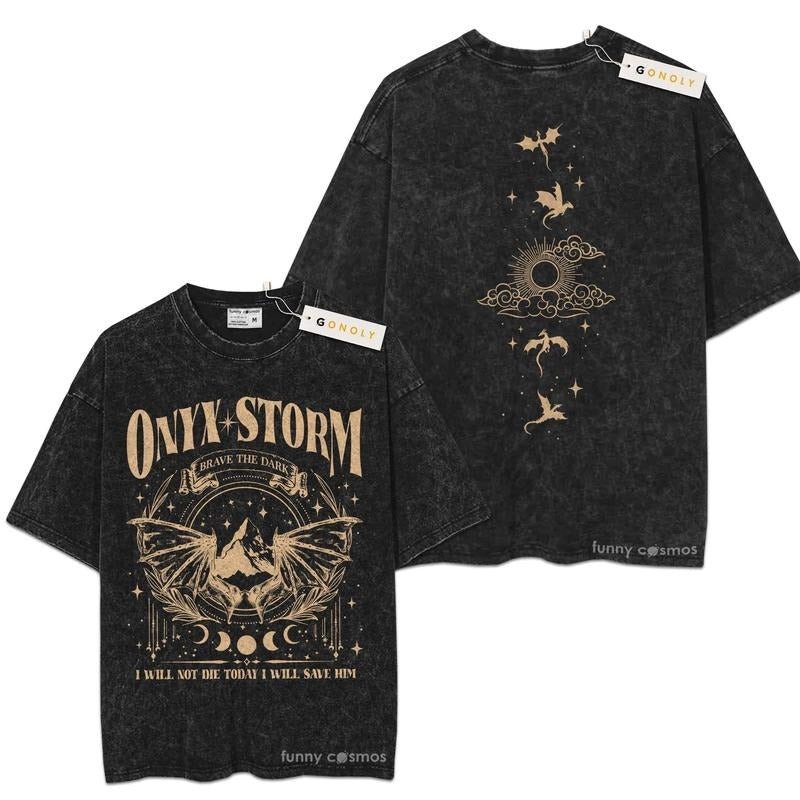 [ Mineral Wash ] Fourth Wing Series, Onyx Storm Violence Brave The Dark Book, Bookish Graphic Washed Style Shirt Hoodie...
