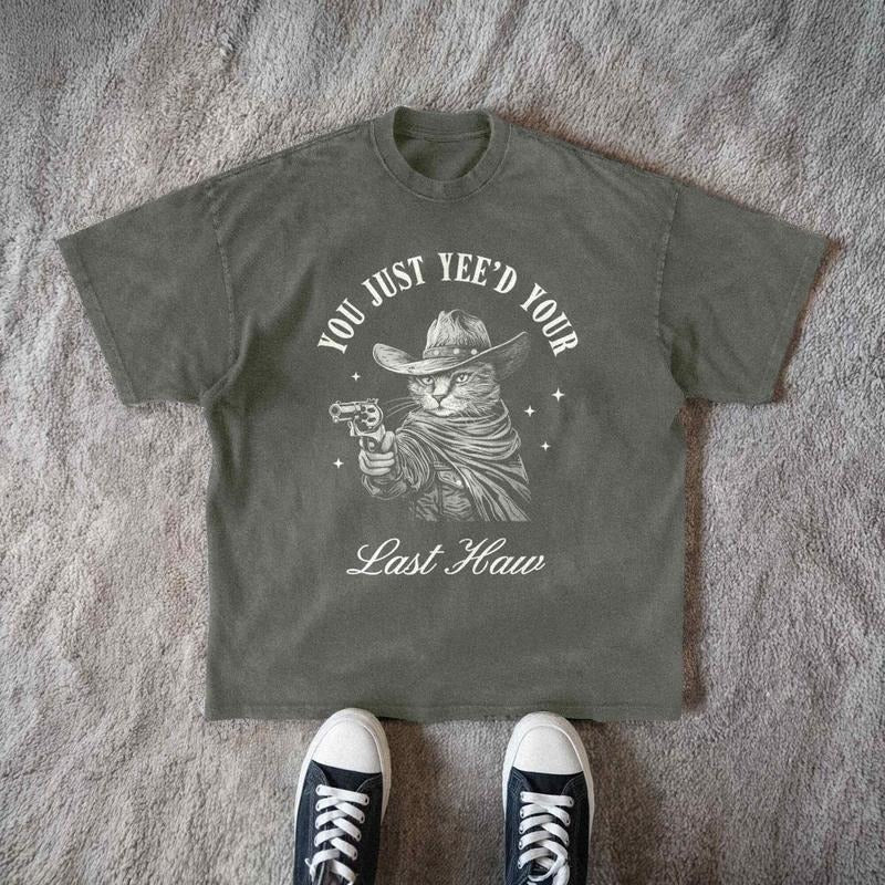 [ Mineral Wash ] Funny Cowboy Cat Shirt , Yeehaw Western Meme Tee , Funny Country Pun Tee , Sarcastic Kitten Graphic Tee...