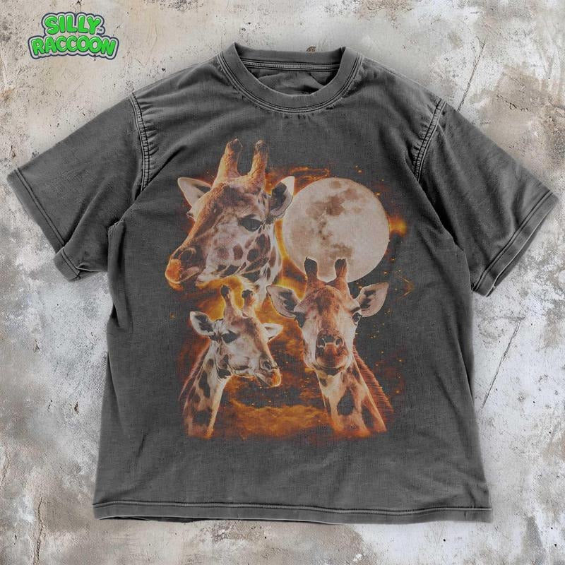 [ Mineral Wash ] Funny Giraffe Shirt Three Moon Giraffe Retro Graphic Tee , Celestial Wildlife Shirt , Mystical Giraffe...
