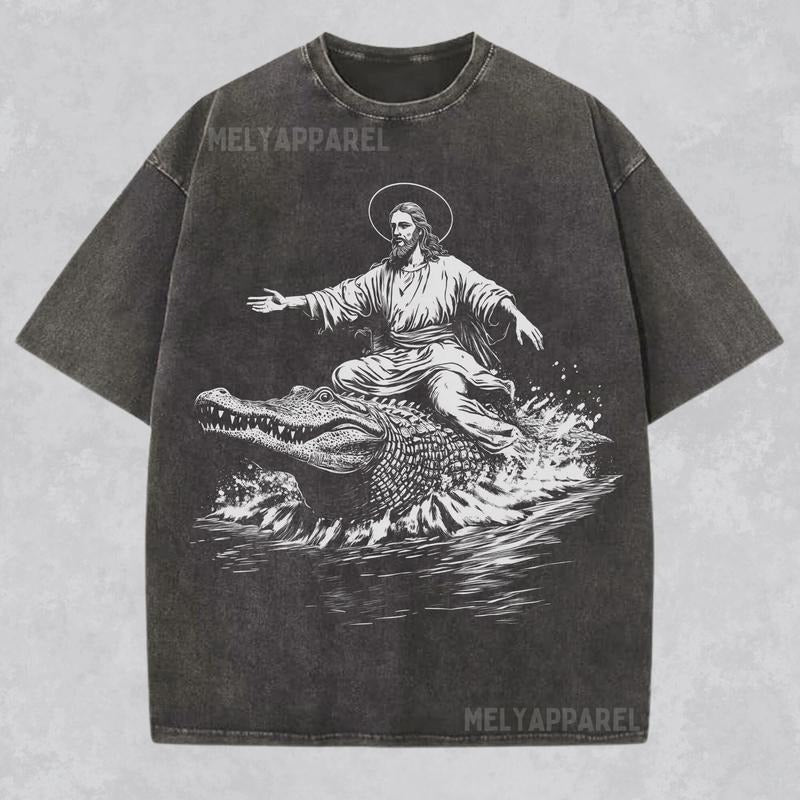 [ Mineral Wash ] Funny Jesus Shirt Christian Streetwear Religious Washed Gift For Him Or Her Faith Apparel Tee Alligator...