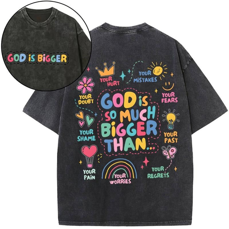 [ Mineral Wash ] God Is Bigger Christian Washed TShirt Jesus Graphic Washed Style Shirt Hoodie Sweatshirt | PrintMintTees.com