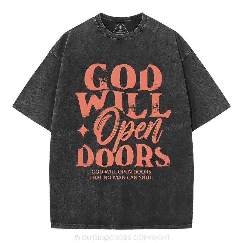 [ Mineral Wash ] God Will Open Doors Christian Washed Shirt Jesus Graphic Washed Style Shirt Hoodie Sweatshirt