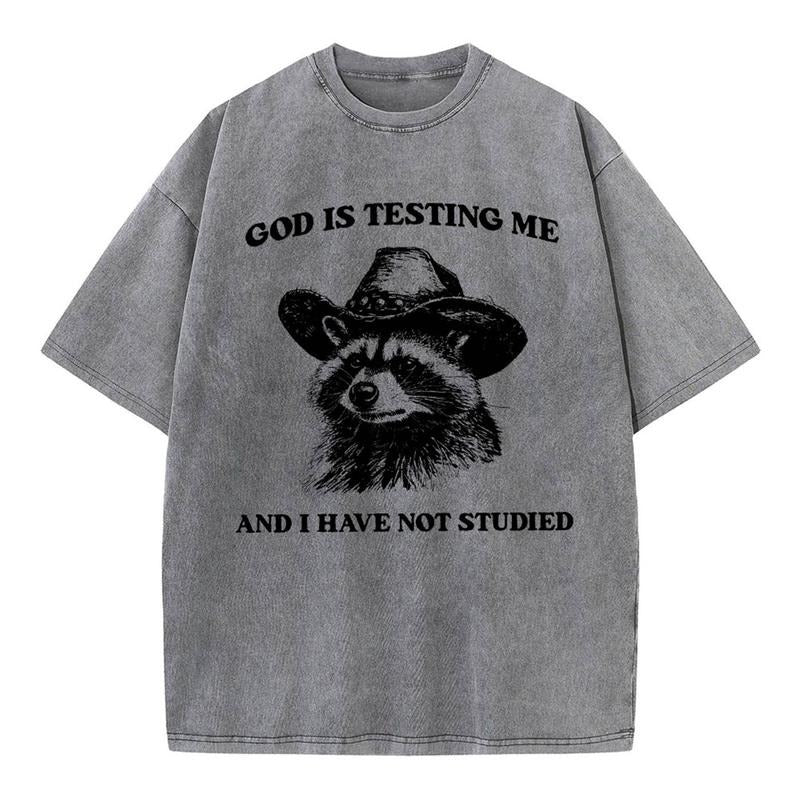 [ Mineral Wash ] God's Testing Me Funny Raccoon Christian Washed Shirt Jesus Graphic Washed Style Shirt Hoodie Sweatshirt
