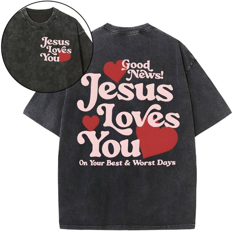 [ Mineral Wash ] Good News Jesus Loves You Chrsitian Washed TShirt Jesus Graphic Washed Style Shirt Hoodie Sweatshirt