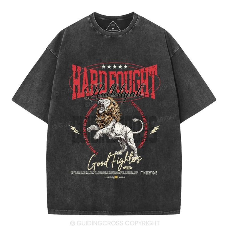 [ Mineral Wash ] Hard Fought Hallelujah Lion Christian Washed Shirt Jesus Graphic Washed Style Shirt Hoodie Sweatshirt