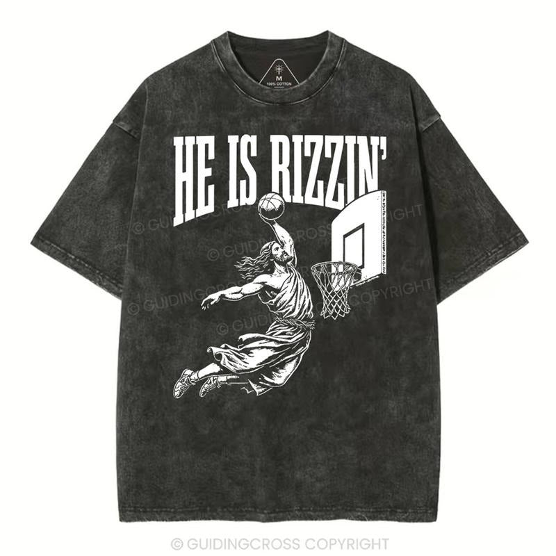 [ Mineral Wash ] He Is Rizzin Christian Washed TShirt Jesus Graphic Washed Style Shirt Hoodie Sweatshirt | PrintMintTees.com