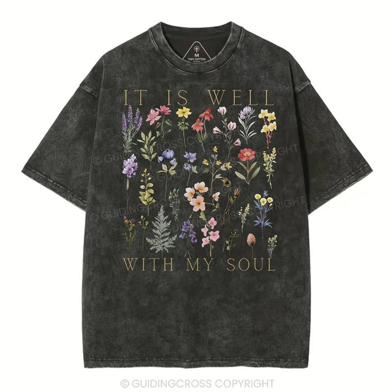 [ Mineral Wash ] It Is Well With My Soul Floral Christian Washed TShirt Jesus Graphic Washed Style Shirt Hoodie Sweatshirt