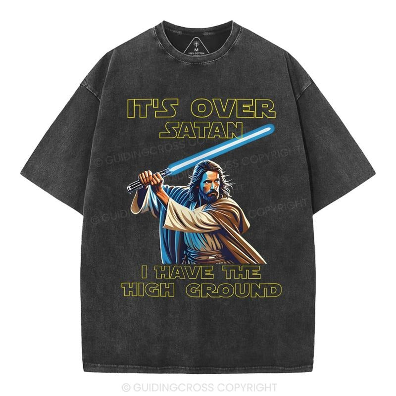 [ Mineral Wash ] It's Over Satan Chrsitian Washed Shirt Jesus Graphic Washed Style Shirt Hoodie Sweatshirt