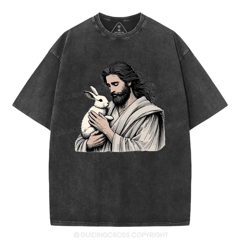 [ Mineral Wash ] Jesus And Rabbit Easter Christian Washed TShirt Jesus Graphic Washed Style Shirt Hoodie Sweatshirt