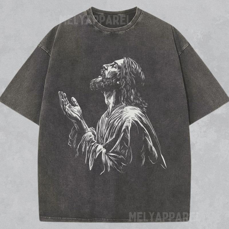 [ Mineral Wash ] Jesus Christ Praying Shirt Retro Style Christian Tshirt Vintage Tee Unisex Crewneck Church Apparel...