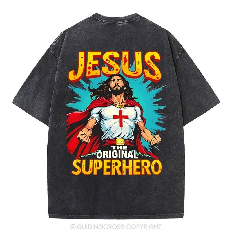 [ Mineral Wash ] Jesus The Original Superhero Christian Washed Shirt Jesus Graphic Washed Style Shirt Hoodie Sweatshirt