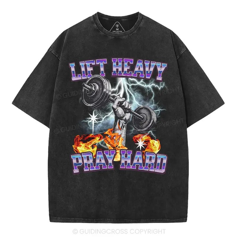 [ Mineral Wash ] Lift Heavy Pray Hard Chirstian Washed Shirt Jesus Graphic Washed Style Shirt Hoodie Sweatshirt