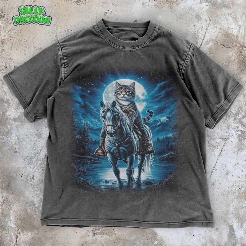[ Mineral Wash ] Mystical Cat Riding Horse Moon Graphic Tee Vintage Style Animal Spirit Tshirt Funny Fantasy Cat Shirt...