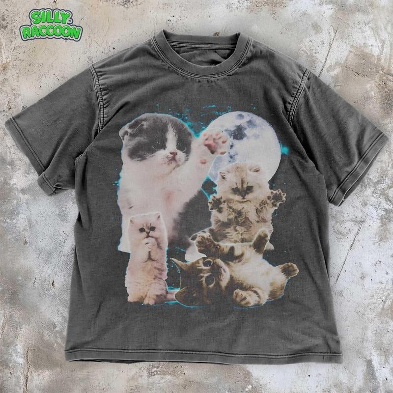 [ Mineral Wash ] Retro Funny Cat Shirt , Moon And Kitten Graphic Tee , Cute Celestial Cats , Vintage 90S Style Cat Meme...