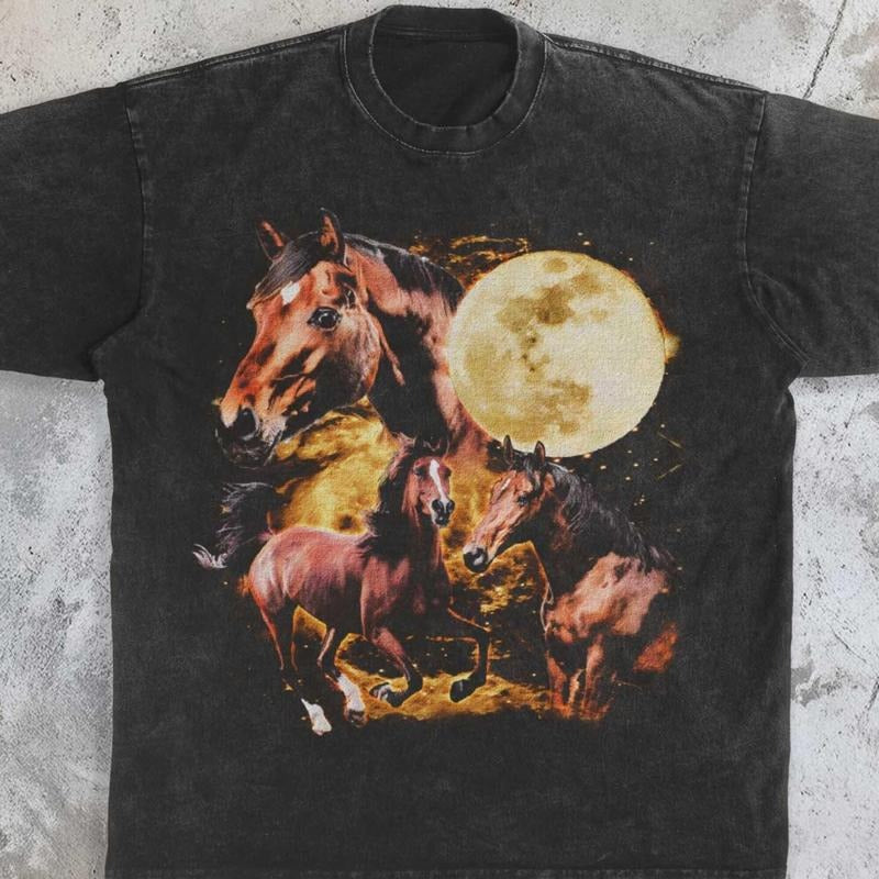 [ Mineral Wash ] Retro Horse Moonlight Graphic Tee , Vintage Style TShirt , Western Horse Shirt , Equestrian Shirt ,...